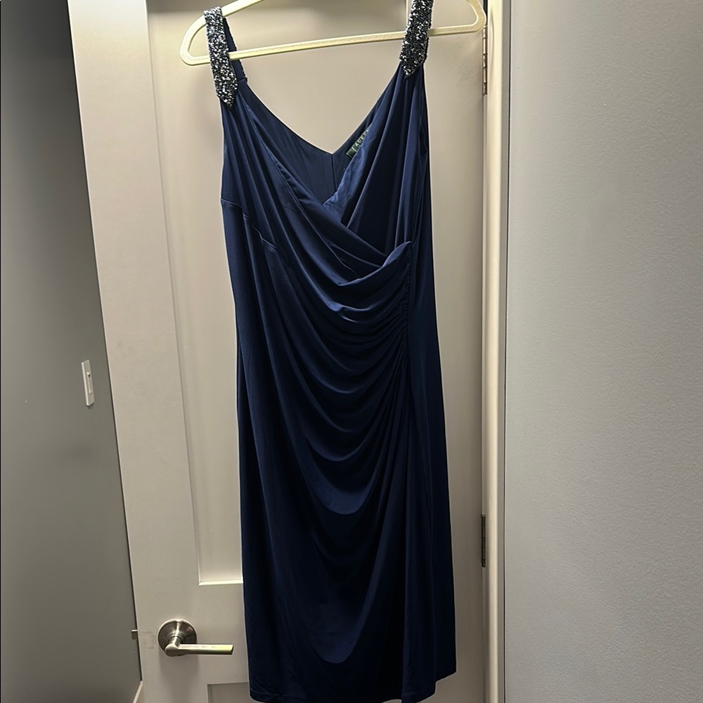 Lauren Ralph Ruched Blue Sheath Midi Dress